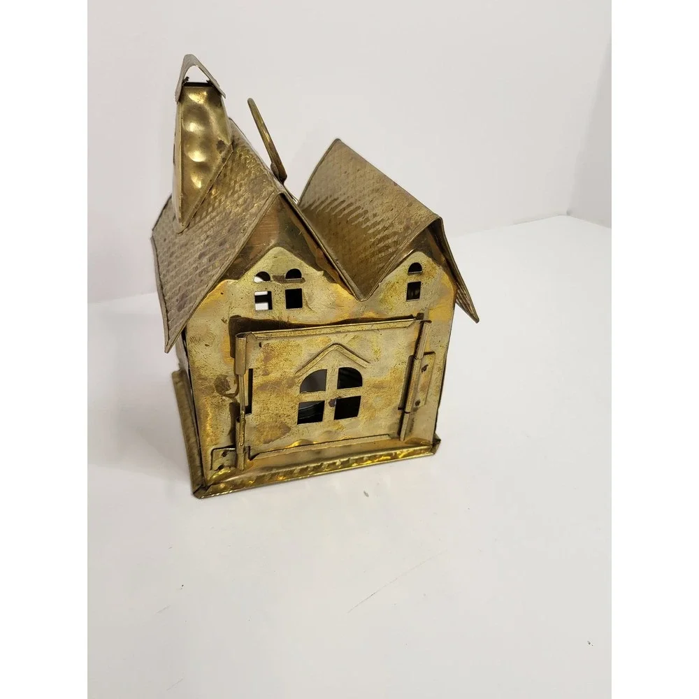 Vintage Brass Metal House Tea Light Candle Holder Gold Decorative Lantern 6.5in